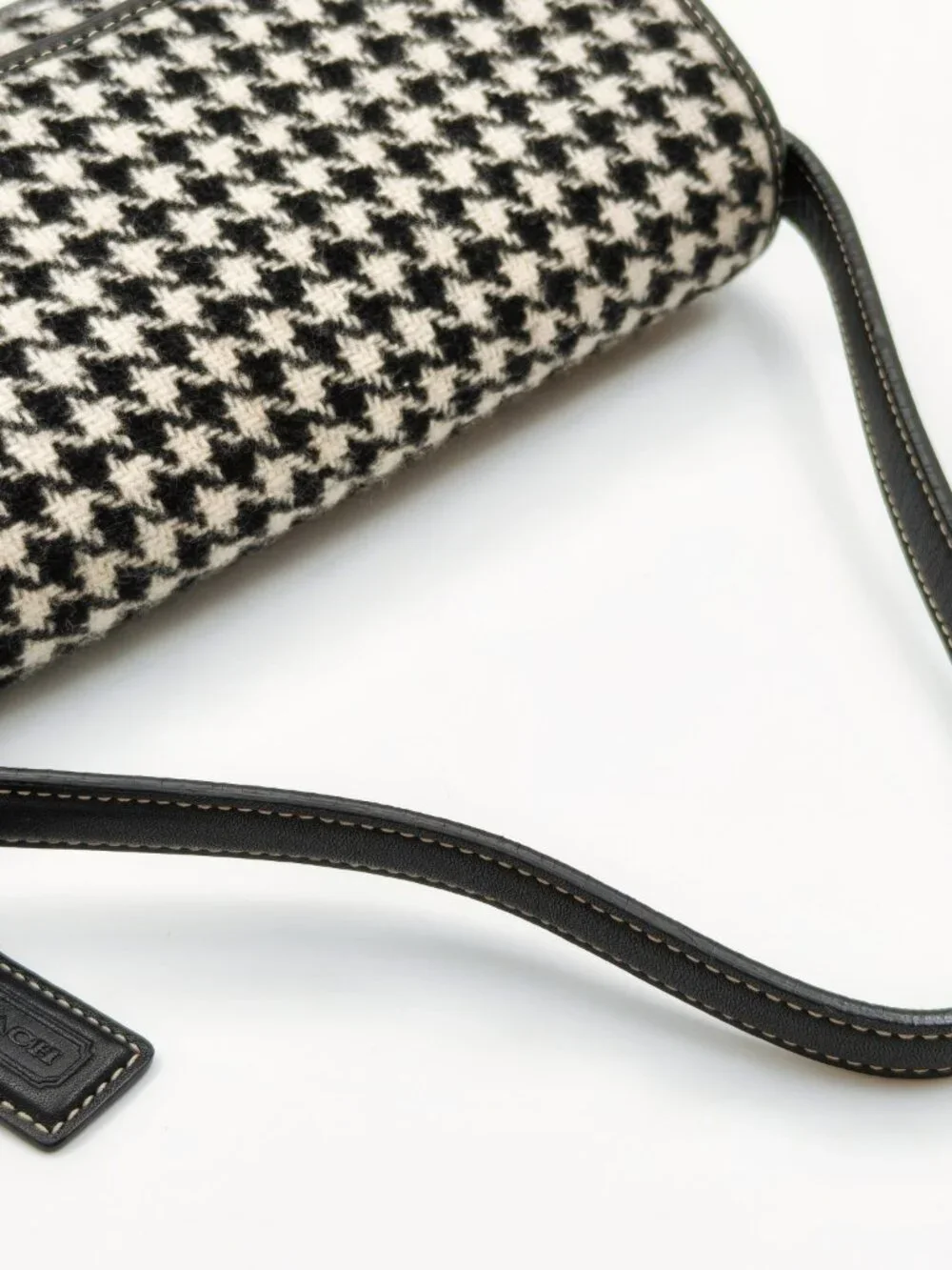 Coach Houndstooth Wool Leather Shoulder Bag Black White Handbag